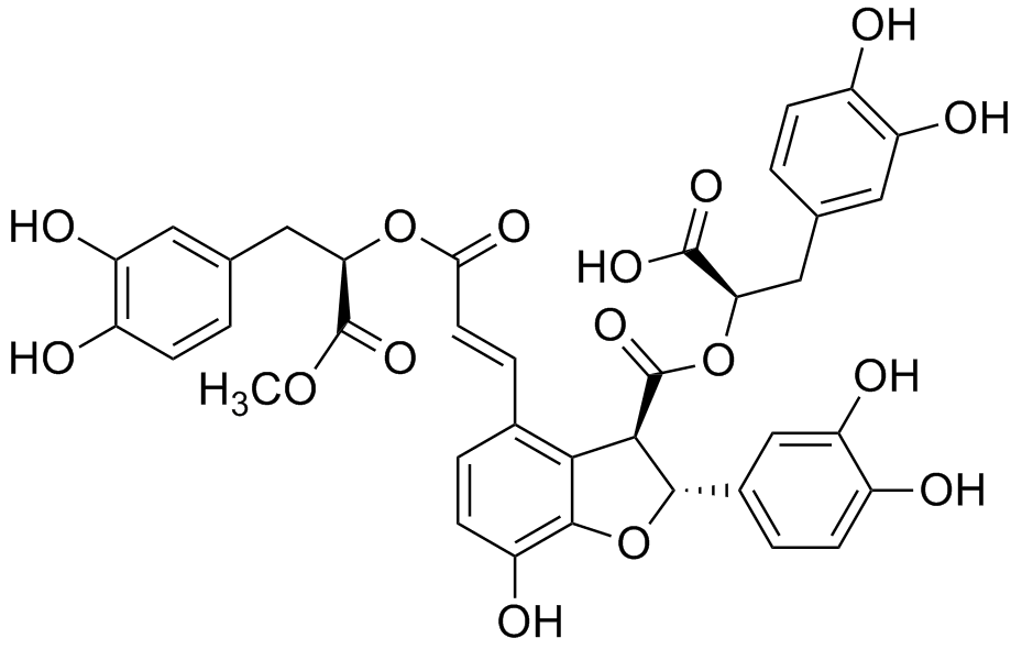 3-Benzofurancarboxylic acid, 4-[(1E)-3-[(1R)-1-carboxy-2-(3,4-dihydroxyphenyl)ethoxy]-3-oxo-1-propen-1-yl]-2-(3,4-dihydroxyphenyl)-2,3-dihydro-7-hydroxy-, 3-[(1R)-1-[(3,4-dihydroxyphenyl)methyl]-2-methoxy-2-oxoethyl] ester, (2S,3S)-