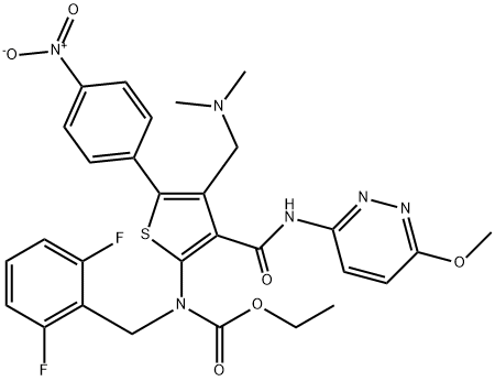 ethyl (2,6-difluorobenzyl)(4-((dimethylamino)methyl)-3-((6-methoxypyridazin-3-yl)carbamoyl)-5-(4-nitrophenyl)thiophen-2-yl)carbamate
