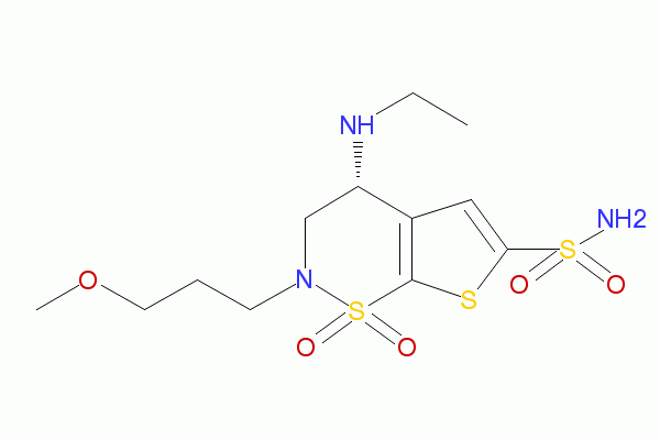 Brinzolamide   (R)-4-(Ethylamino)-3,4-dihydro-2-(3-methoxypropyl)-2H-thieno[3,2-e]-1,2-thiazine-6-sulfonamide 1,1-dioxide
