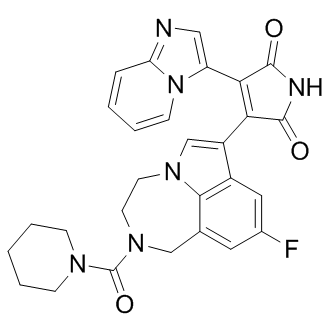7-(2,5-Dihydro-4-imidazo[1,2-a]pyridin-3-yl-2,5-dioxo-1H-pyrrol-3-yl)-9-fluoro-1,2,3,4-tetrahydro-2-(1-piperidinylcarbonyl)pyrrolo[3,2,1-jk][1,4]benzodiazepine                              LY2090314