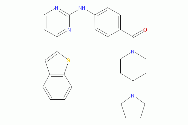 1-[4-[(4-Benzo[b]thien-2-yl-2-pyrimidinyl)amino]benzoyl]-4-(1-pyrrolidinyl)piperidine                             IKK-16 (IKK Inhibitor VII)