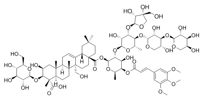 Olean-12-ene-23,28-dioic acid, 3-(β-D-glucopyranosyloxy)-2,27-dihydroxy-, 28-[O-D-apio-β-D-furanosyl-(1→3)-O-[O-α-L-arabinopyranosyl-(1→3)-β-D-xylopyranosyl-(1→4)]-O-6-deoxy-α-L-mannopyranosyl-(1→2)-6-deoxy-4-O-[(2E)-1-oxo-3-(3,4,5-trimethoxyphenyl)-2-propen-1-yl]-β-D-galactopyranosyl] ester, (2β,3β...