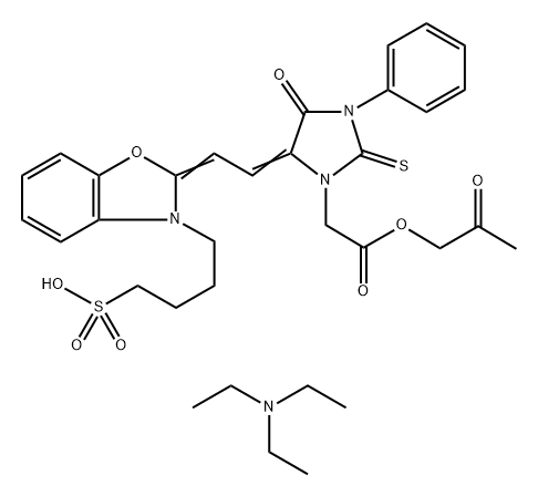 diethyl(ethylidene)azanium,4-[(2Z)-2-[(2E)-2-[5-oxo-3-[2-oxo-2-(2-oxopropoxy)ethyl]-1-phenyl-2-sulfanylideneimidazolidin-4-ylidene]ethylidene]-1,3-benzoxazol-3-yl]butane-1-sulfonate