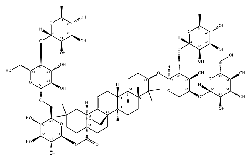 Olean-12-en-28-oic acid, 3-[(O-6-deoxy-α-L-mannopyranosyl-(1→2)-O-[β-D-glucopyranosyl-(1→4)]-α-L-arabinopyranosyl)oxy]-27-hydroxy-, O-6-deoxy-α-L-mannopyranosyl-(1→4)-O-β-D-glucopyranosyl-(1→6)-β-D-glucopyranosyl ester, (3β)-