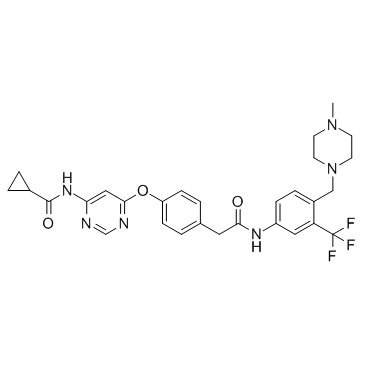 N-[6-[4-[2-[4-[(4-methylpiperazin-1-yl)methyl]-3-(trifluoromethyl)anilino]-2-oxoethyl]phenoxy]pyrimidin-4-yl]cyclopropanecarboxamide                 WS6
