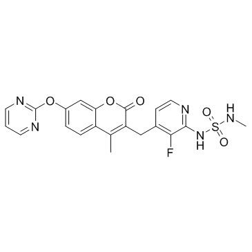 RO5126766(CH5126766)    3-[[2-[(Methylaminosulfonyl)amino]-3-fluoropyridin-4-yl]methyl]-4-methyl-7-[(pyrimidin-2-yl)oxy]-2H-1-benzopyran-2-one
