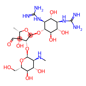 2,4-Diguanidino-3,5,6-trihydroxycyclohexyl 5-deoxy-2-O-(2-deoxy-2-methylamino-a-glucopyranosyl)-3-formylpentofuranoside